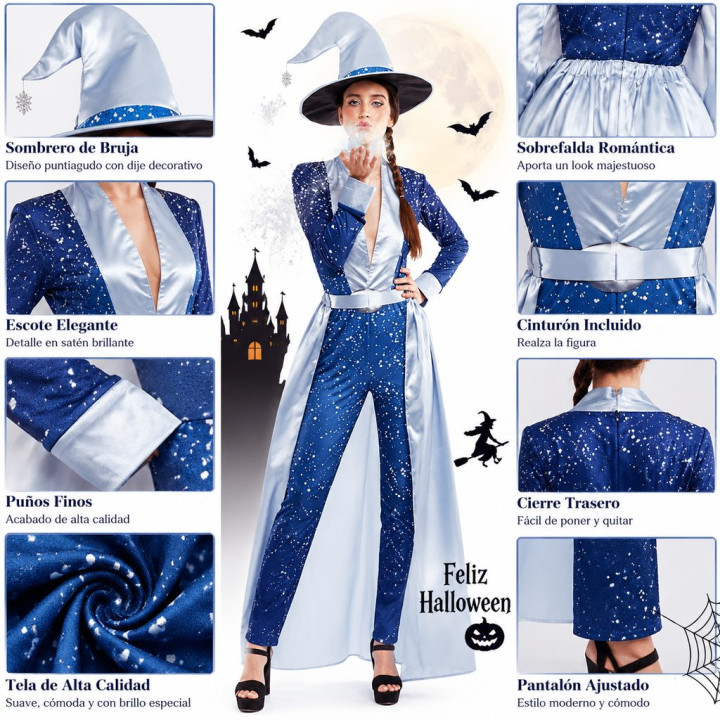 Adult Ice Sorceress Costume with Blue Star Jumpsuit, Silver Overskirt 