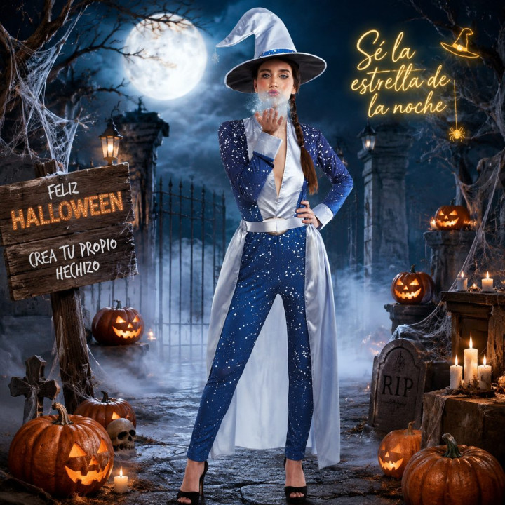 Adult Ice Sorceress Costume with Blue Star Jumpsuit, Silver Overskirt 