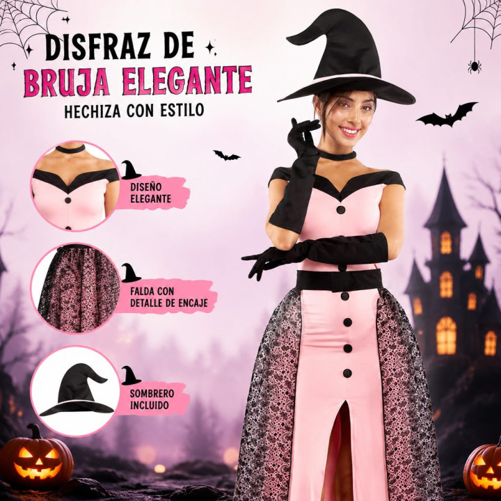Adult Pink Enchantress Witch Costume with Off-Shoulder Dress, Lace Ski