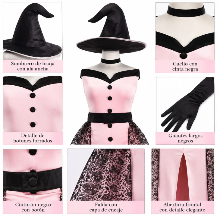 Adult Pink Enchantress Witch Costume with Off-Shoulder Dress, Lace Ski