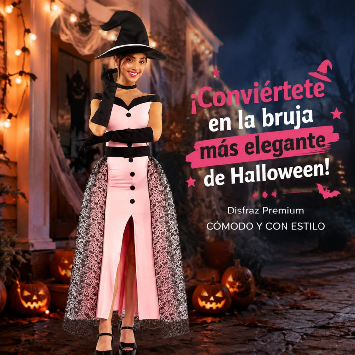Adult Pink Enchantress Witch Costume with Off-Shoulder Dress, Lace Ski