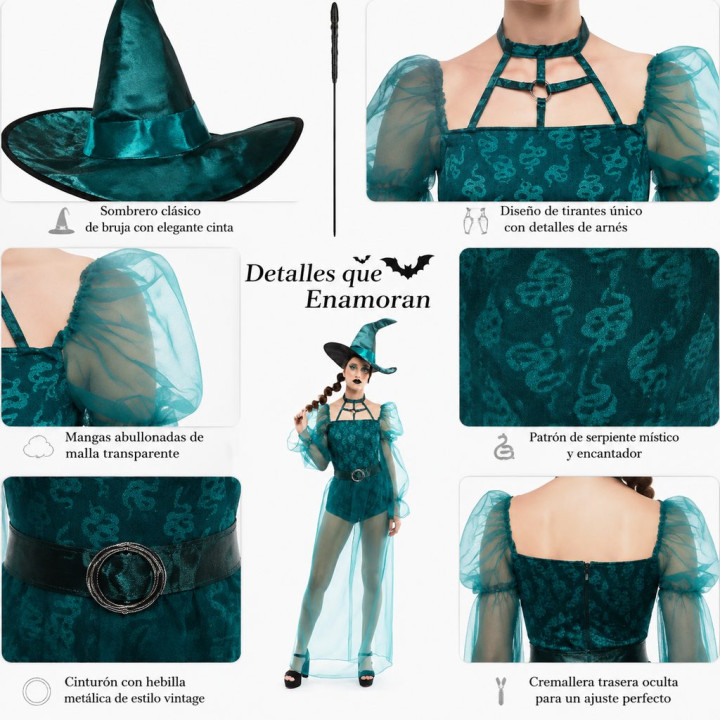 Damen Schlangenhexen Kostüm mit Schlangen-Print Body, Transparenten Or