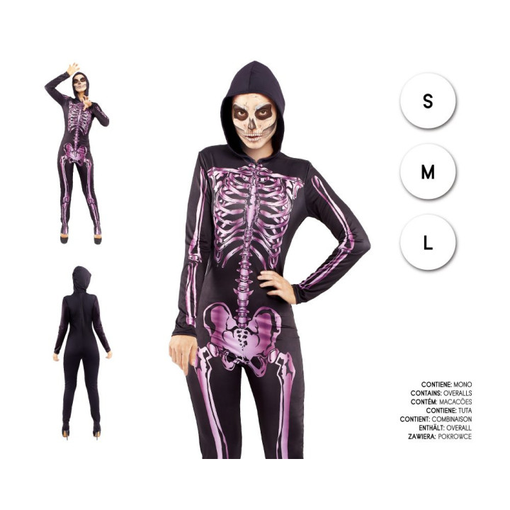 Adult Women Pink Skeleton Jumpsuit with Hood, UV Reactive Bone Print f