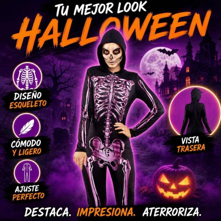 Adult Women Pink Skeleton Jumpsuit with Hood, UV Reactive Bone Print f