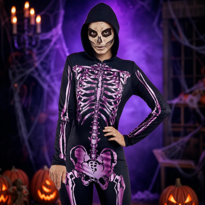 Adult Women Pink Skeleton Jumpsuit with Hood, UV Reactive Bone Print f