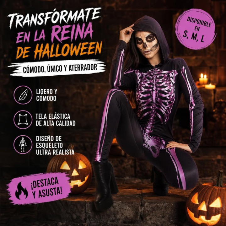 Adult Women Pink Skeleton Jumpsuit with Hood, UV Reactive Bone Print f