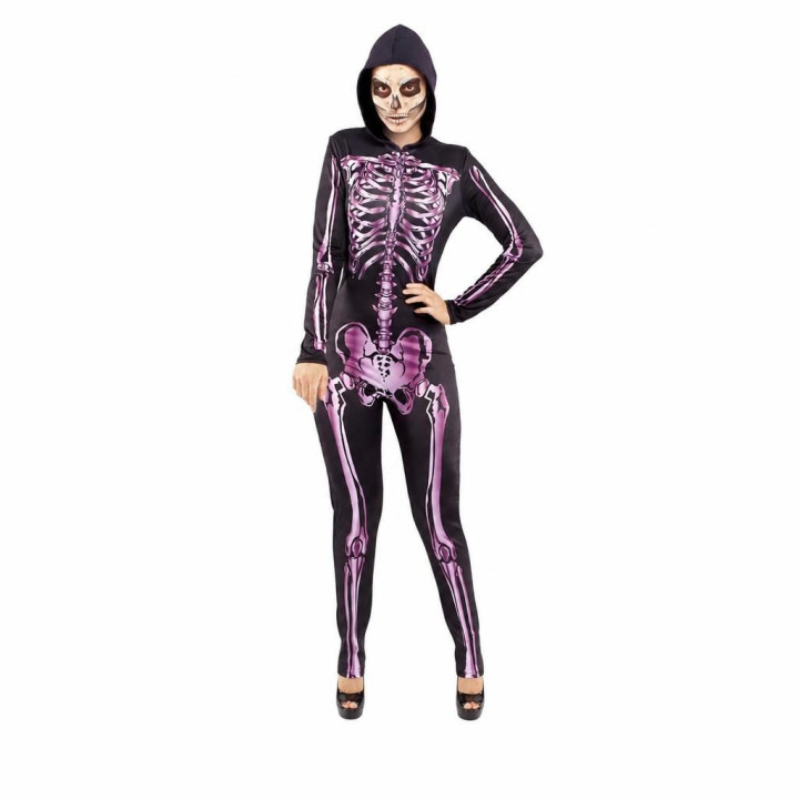 Adult Women Pink Skeleton Jumpsuit with Hood, UV Reactive Bone Print f