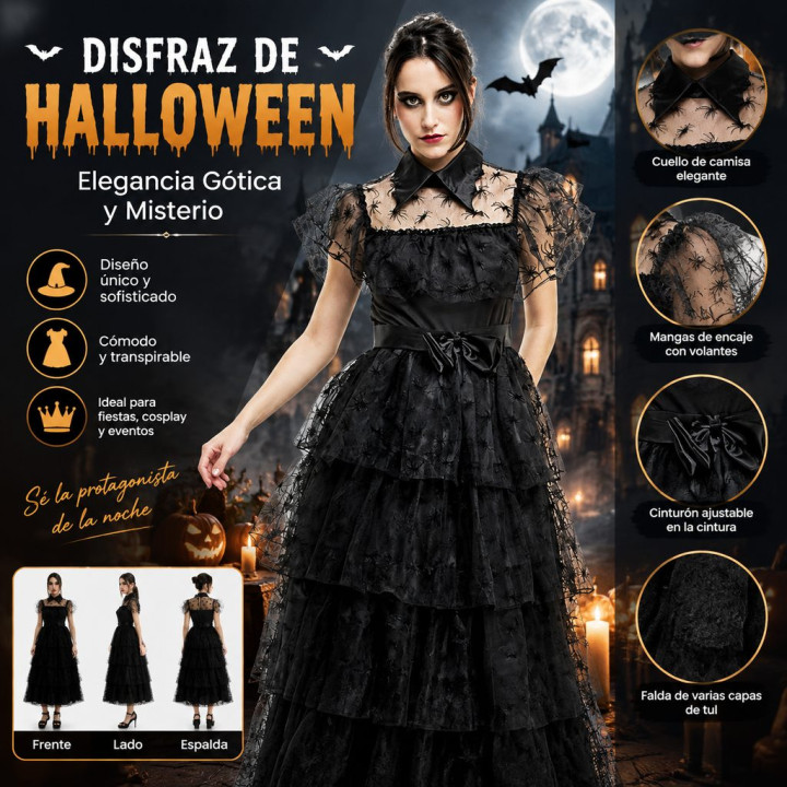 Adult Gothic Spider Web Dress with Sheer Spider Sleeve, Tiered Tulle S