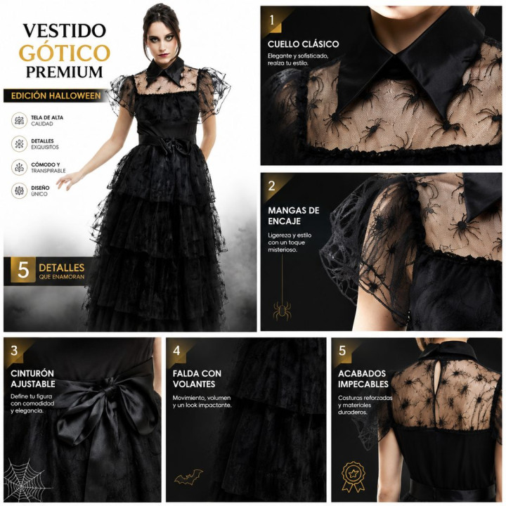 Adult Gothic Spider Web Dress with Sheer Spider Sleeve, Tiered Tulle S