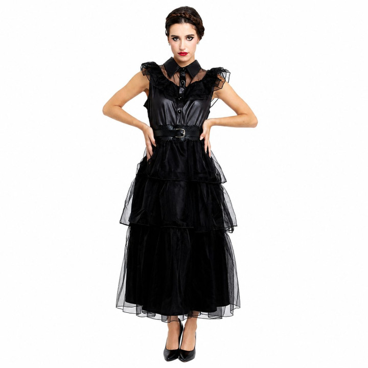 Adult Gothic Tulle Ball Gown with Leather-Look Bodice, Sheer Ruffles a