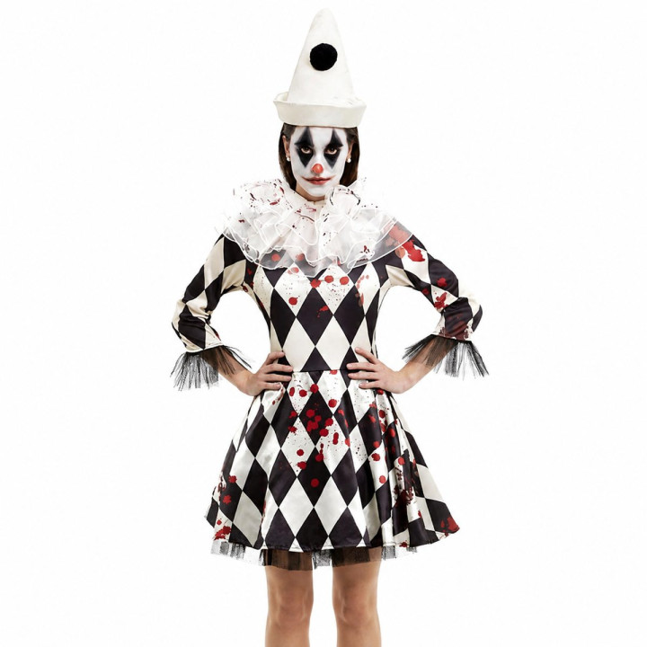 Adult Women Bloody Harlequin Clown Costume with Diamond Dress, White C