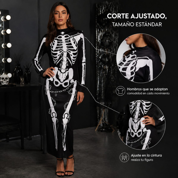 Adult Skeleton Dress Halloween Costume - Black Long Sleeve Bodycon Dre