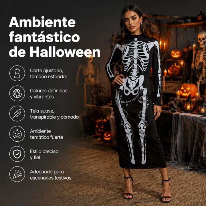 Adult Skeleton Dress Halloween Costume - Black Long Sleeve Bodycon Dre