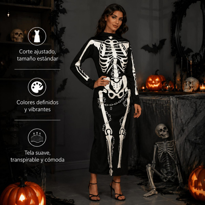 Adult Skeleton Dress Halloween Costume - Black Long Sleeve Bodycon Dre
