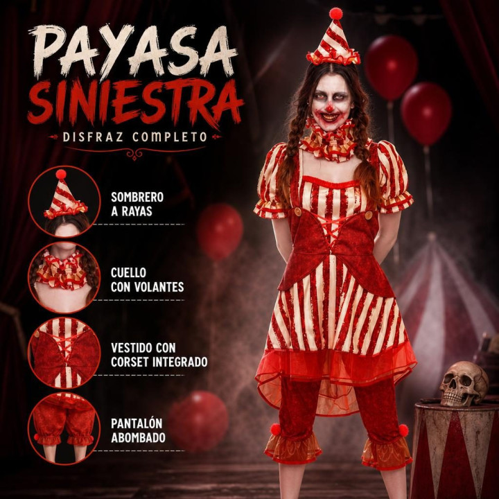 Disfraz de Payaso de Circo Terrorífico para Mujer con Vestido a Rayas,