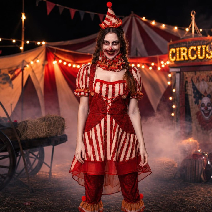 Disfraz de Payaso de Circo Terrorífico para Mujer con Vestido a Rayas,