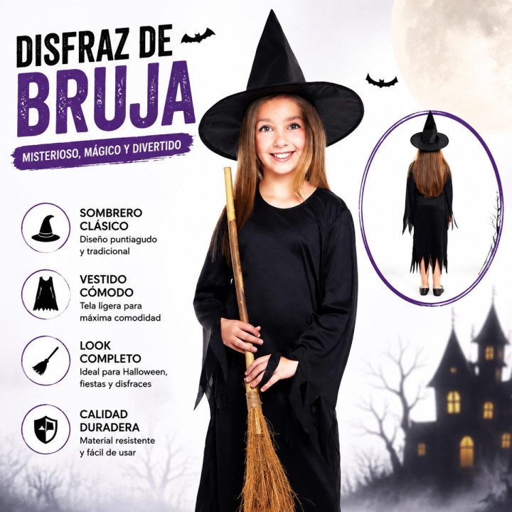 Girls Classic Black Witch Halloween Costume - Long Sleeve Dress with P