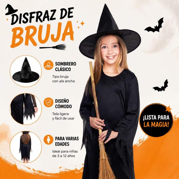 Girls Classic Black Witch Halloween Costume - Long Sleeve Dress with P