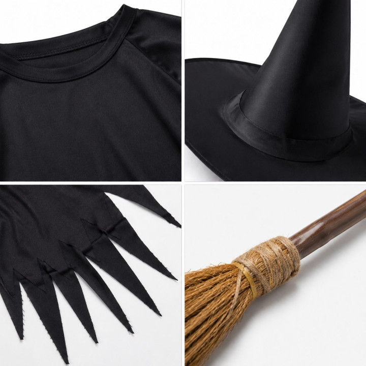 Girls Classic Black Witch Halloween Costume - Long Sleeve Dress with P