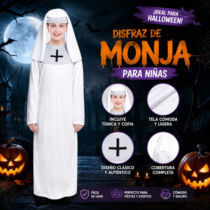 Girls White Nun Halloween Costume Set - Kids Religious Habit with Blac