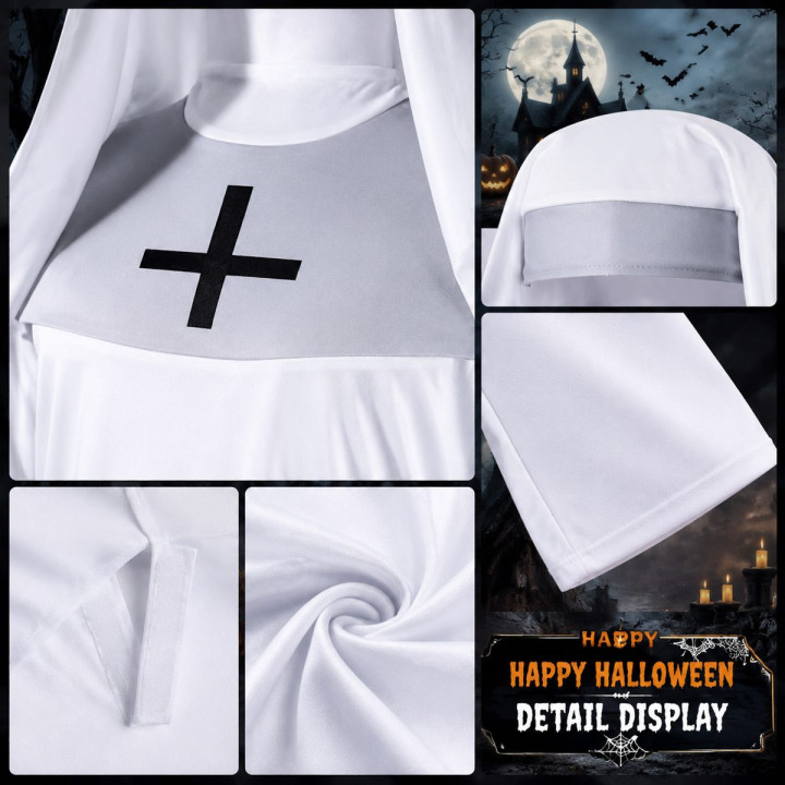Girls White Nun Halloween Costume Set - Kids Religious Habit with Blac