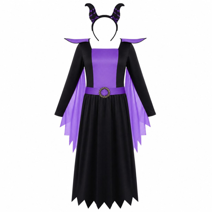 Costume Fée Maléfique Cornue Fille Halloween - Robe Violette et Noire 