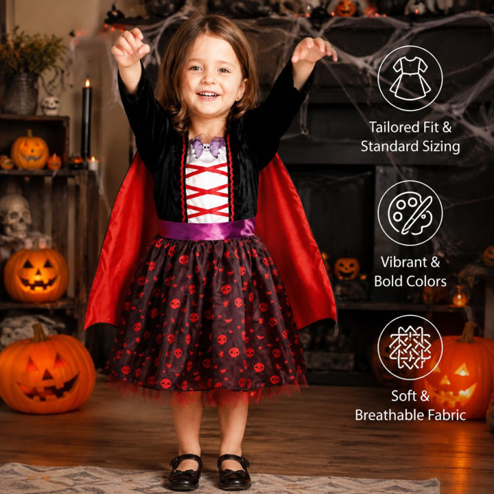 Toddler Girls Vampire Halloween Costume Set - Black Velvet Dress with 