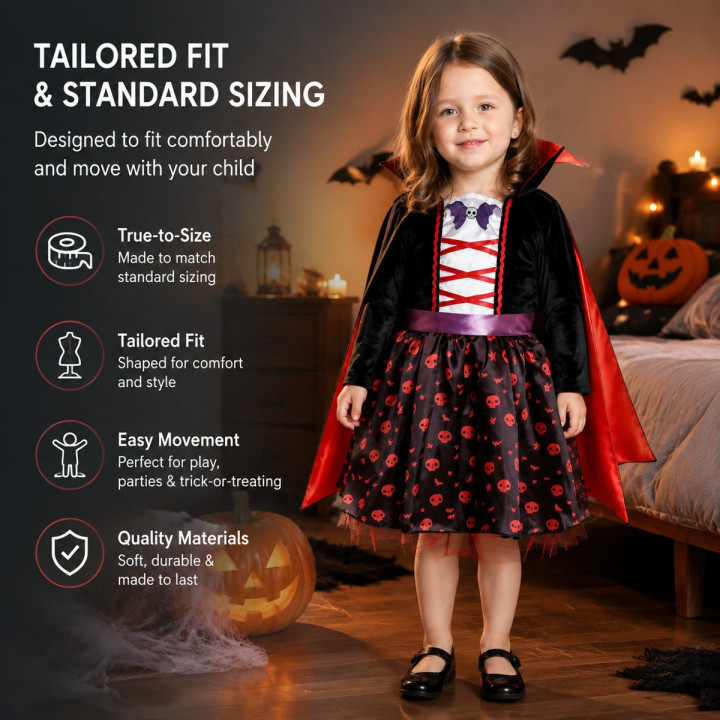 Toddler Girls Vampire Halloween Costume Set - Black Velvet Dress with 