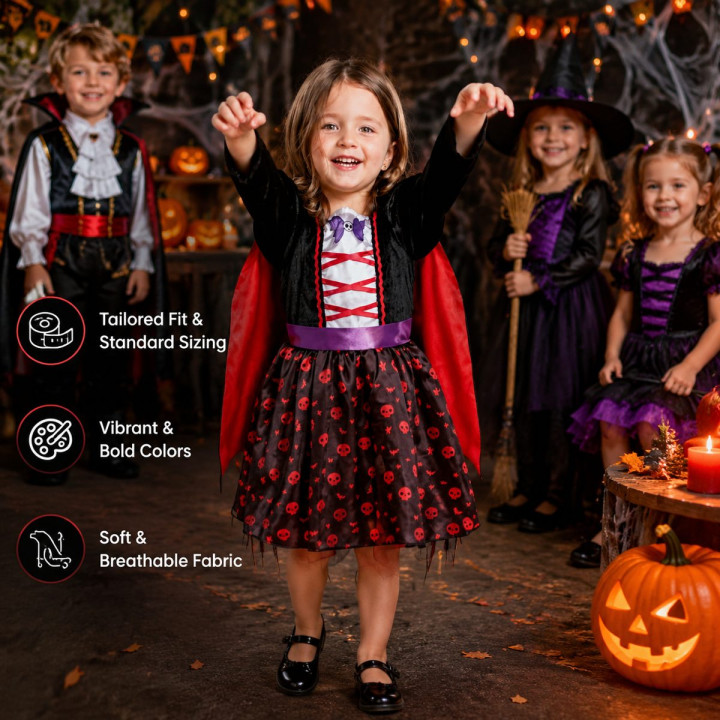 Toddler Girls Vampire Halloween Costume Set - Black Velvet Dress with 