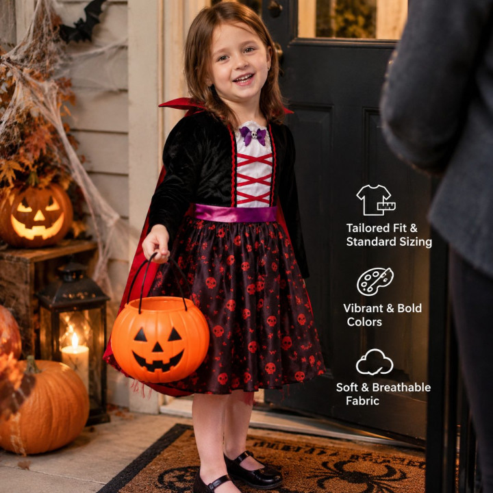 Toddler Girls Vampire Halloween Costume Set - Black Velvet Dress with 