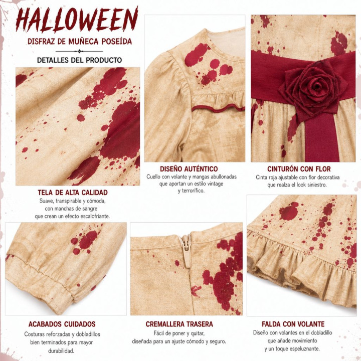 Mädchen Gruselige Puppe Halloween Kostüm Set - Vintage Beiges Kleid mi