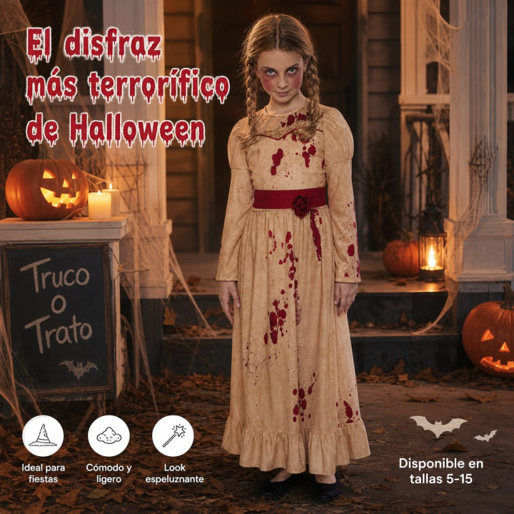 Mädchen Gruselige Puppe Halloween Kostüm Set - Vintage Beiges Kleid mi