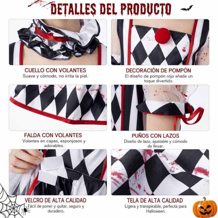 Disfraz Payaso Arlequín Aterrador Niña Halloween - Vestido Diamante Bl