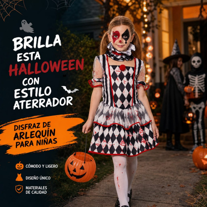 Disfraz Payaso Arlequín Aterrador Niña Halloween - Vestido Diamante Bl