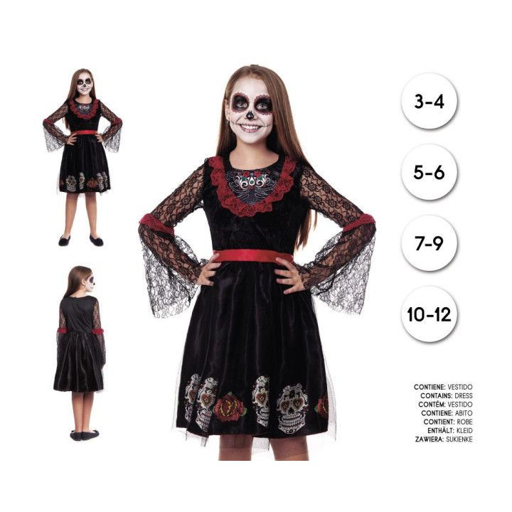 Girls Day of the Dead Sugar Skull Halloween Costume Dress - Black Velv