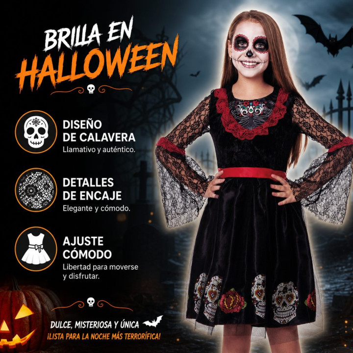 Girls Day of the Dead Sugar Skull Halloween Costume Dress - Black Velv