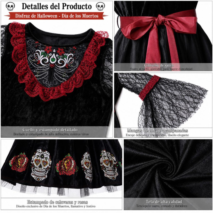 Girls Day of the Dead Sugar Skull Halloween Costume Dress - Black Velv