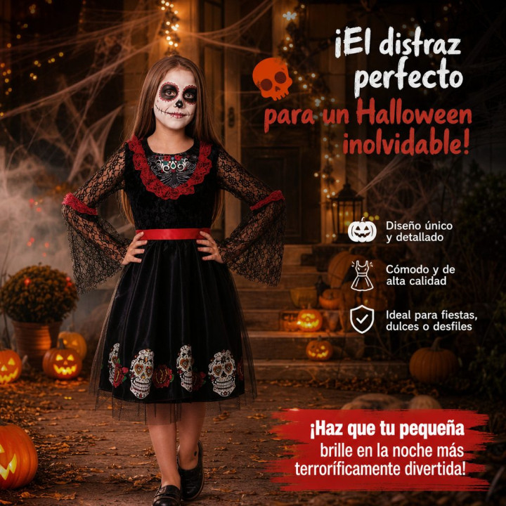 Girls Day of the Dead Sugar Skull Halloween Costume Dress - Black Velv