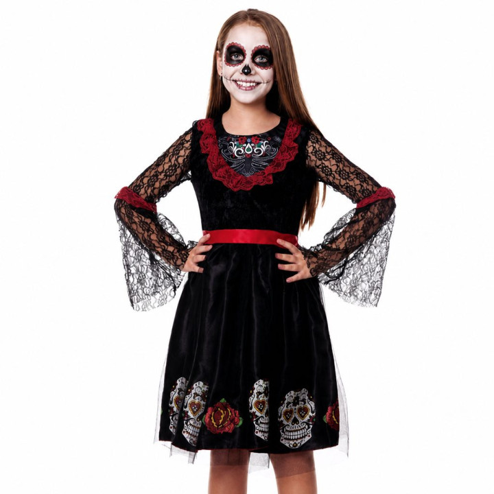 Girls Day of the Dead Sugar Skull Halloween Costume Dress - Black Velv