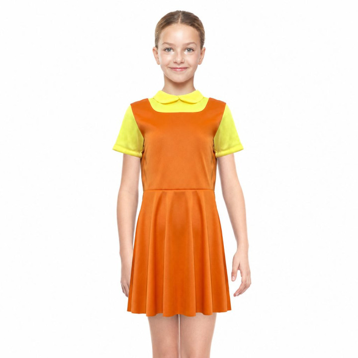 Mädchen Oranges Puppenkleid Halloween Kostüm - Gelber Kragen Kurzarm P