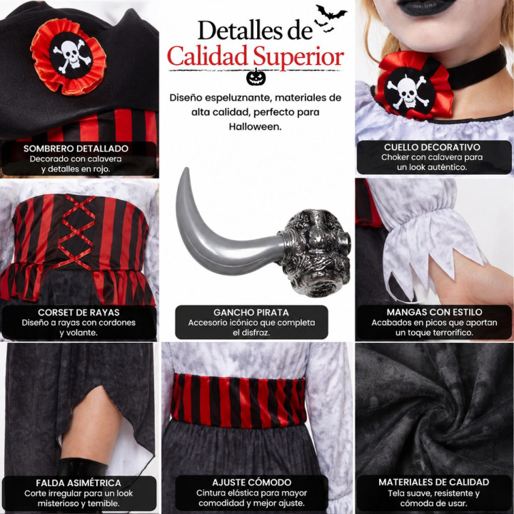 Disfraz Pirata Niña Halloween - Vestido Negro Blanco Rojo con Sombrero