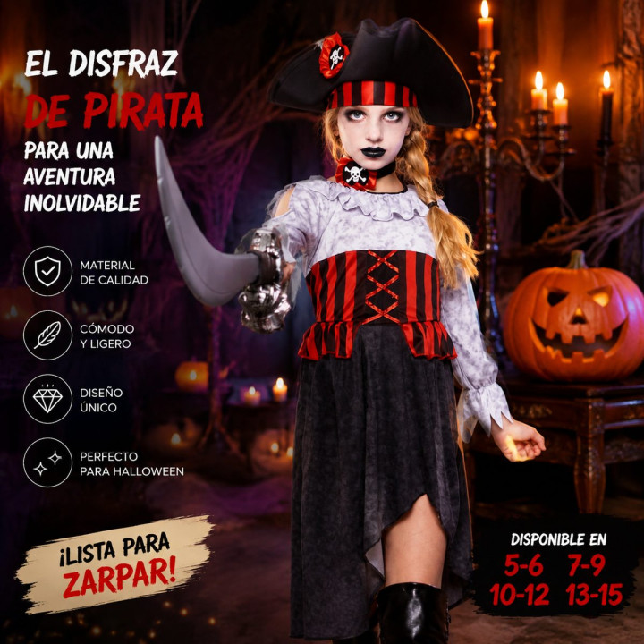 Disfraz Pirata Niña Halloween - Vestido Negro Blanco Rojo con Sombrero