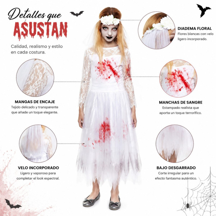 Disfraz Novia Muerta Niña Halloween - Vestido de Novia Encaje Blanco c