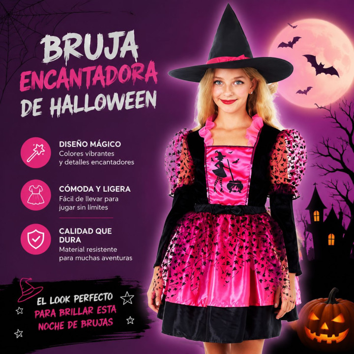 Girls Pink Witch Costume with Black Velvet Bodice, Printed Skirt, Shee