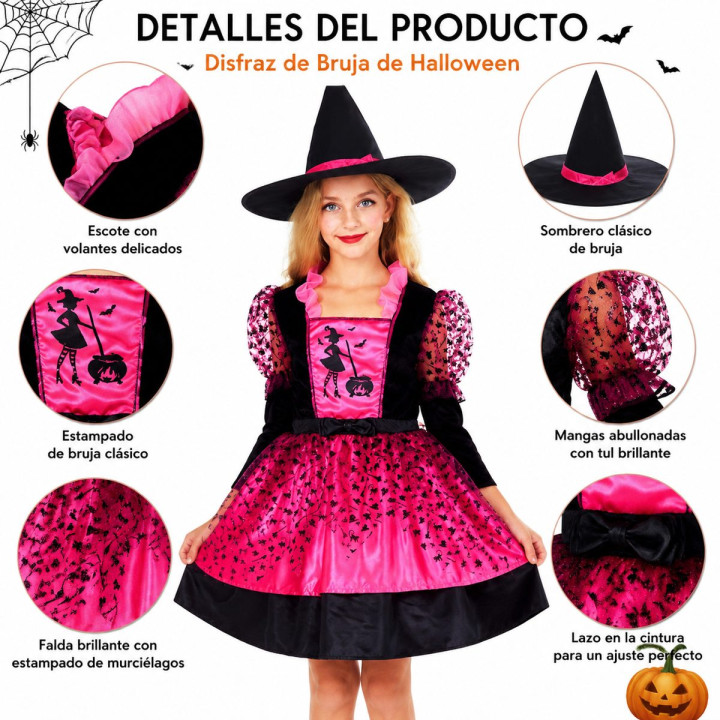 Girls Pink Witch Costume with Black Velvet Bodice, Printed Skirt, Shee