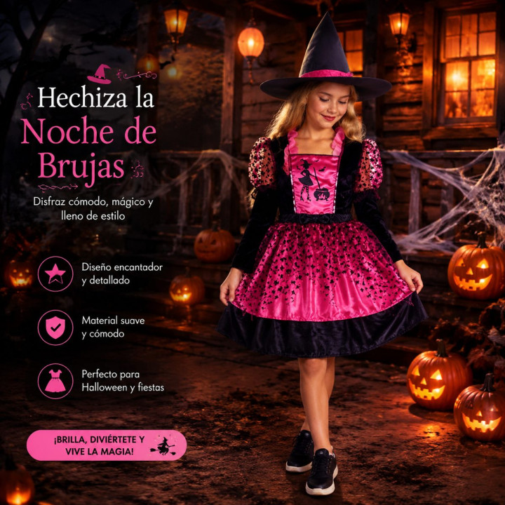 Girls Pink Witch Costume with Black Velvet Bodice, Printed Skirt, Shee