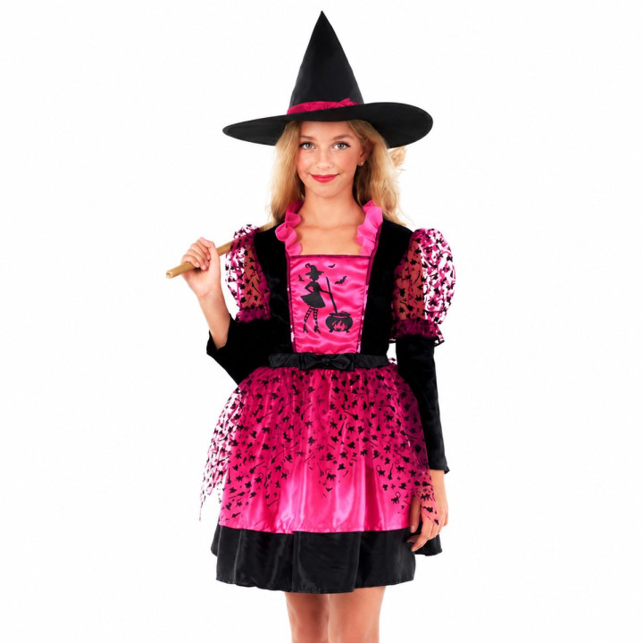 Girls Pink Witch Costume with Black Velvet Bodice, Printed Skirt, Shee