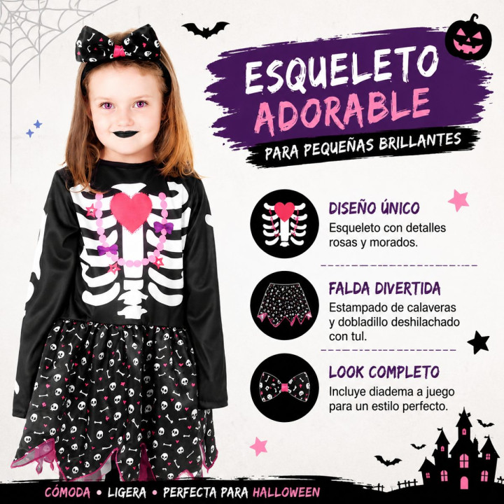 Toddler Girls Cute Skeleton Costume with Heart Ribcage, Skull Print Sk