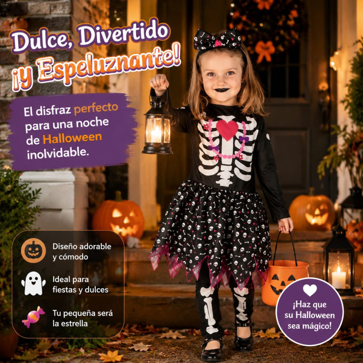 Toddler Girls Cute Skeleton Costume with Heart Ribcage, Skull Print Sk