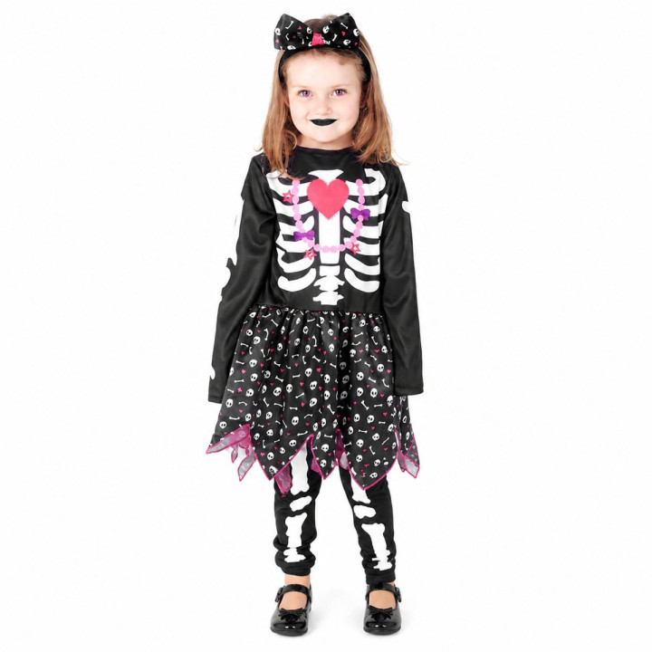 Toddler Girls Cute Skeleton Costume with Heart Ribcage, Skull Print Sk